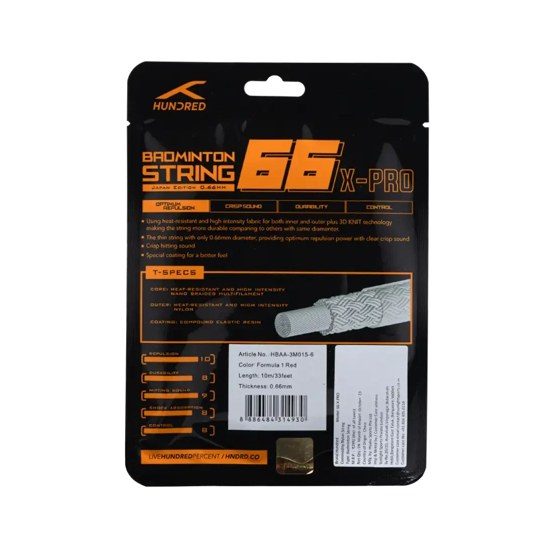 Hundred 66 X Pro Badminton String Set, Red, back view