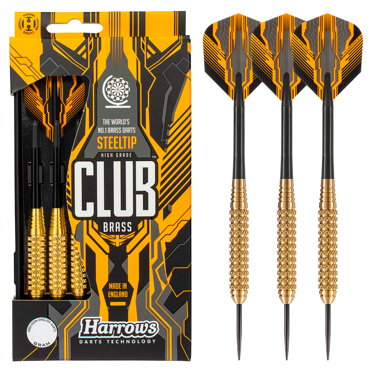 Harrows Club Brass Steel Tip Darts 24g, Yellow, front view