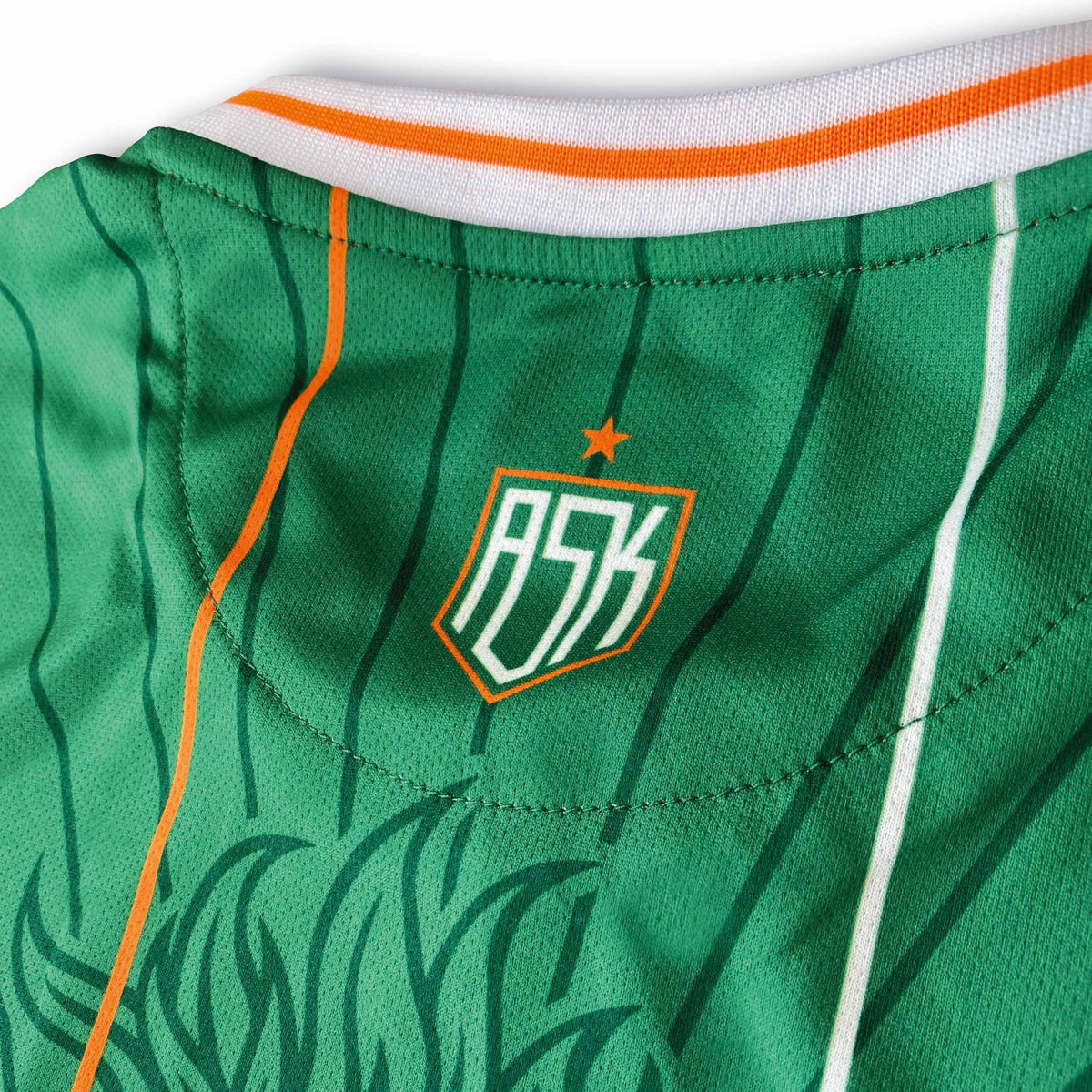 Asphalt Social Klub Ireland Mary home concept football shirt, green, back neck detail view