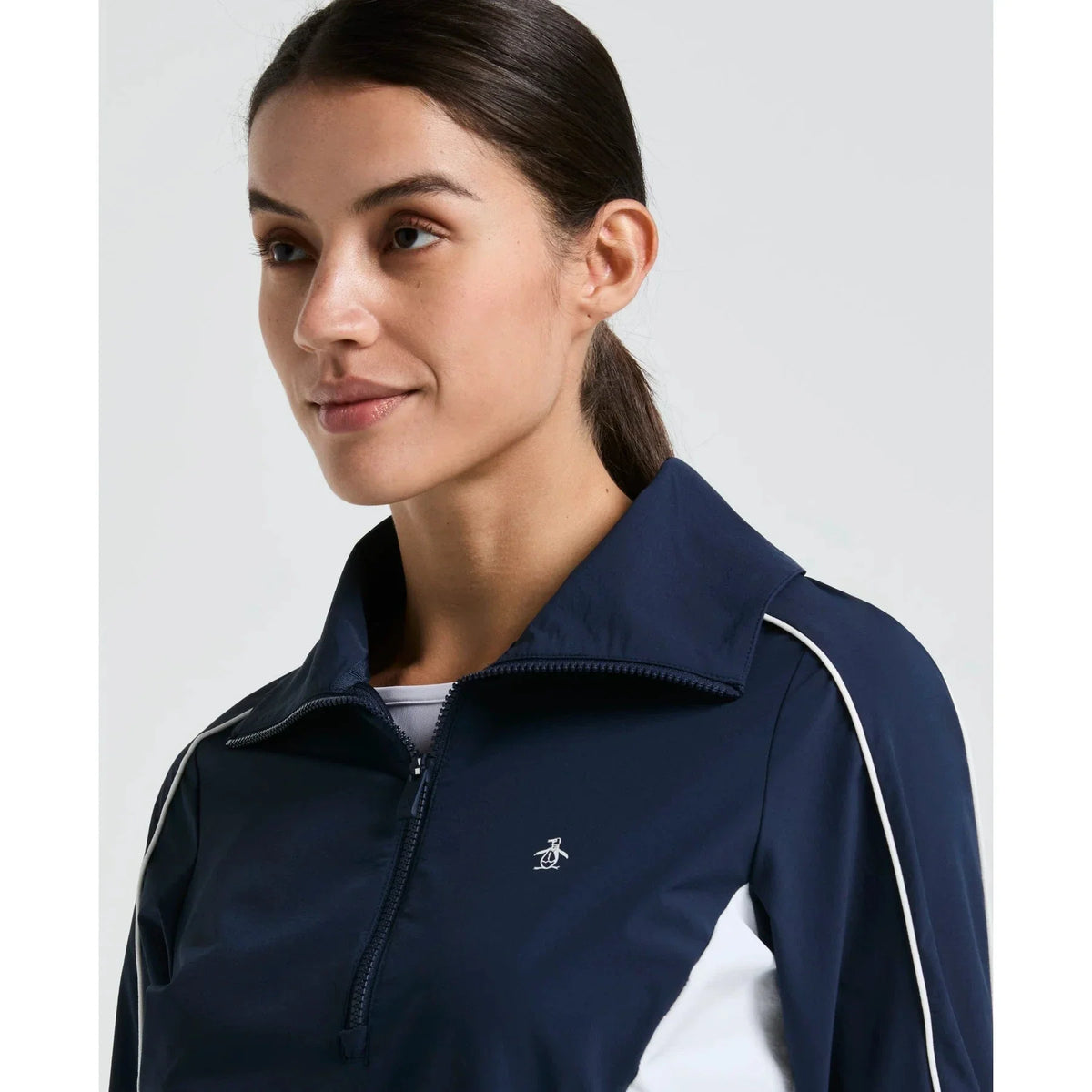 Original Penguin Cropped 1/4 Zip Colourblock Tennis Jacket Women, Black Iris, detail view