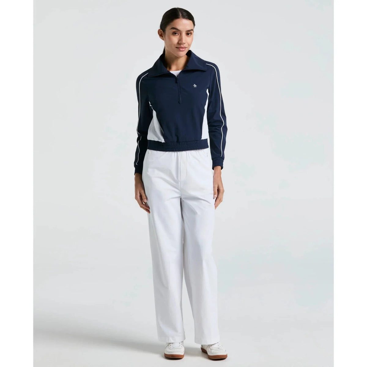 Original Penguin Cropped 1/4 Zip Colourblock Tennis Jacket Women, Black Iris, back view