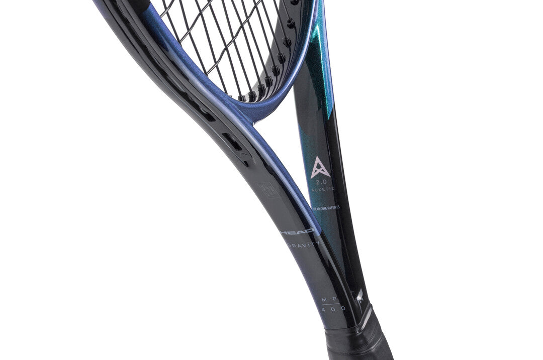 Head Gravity MP Tennis Racquet, Black/Blue, close-up detail