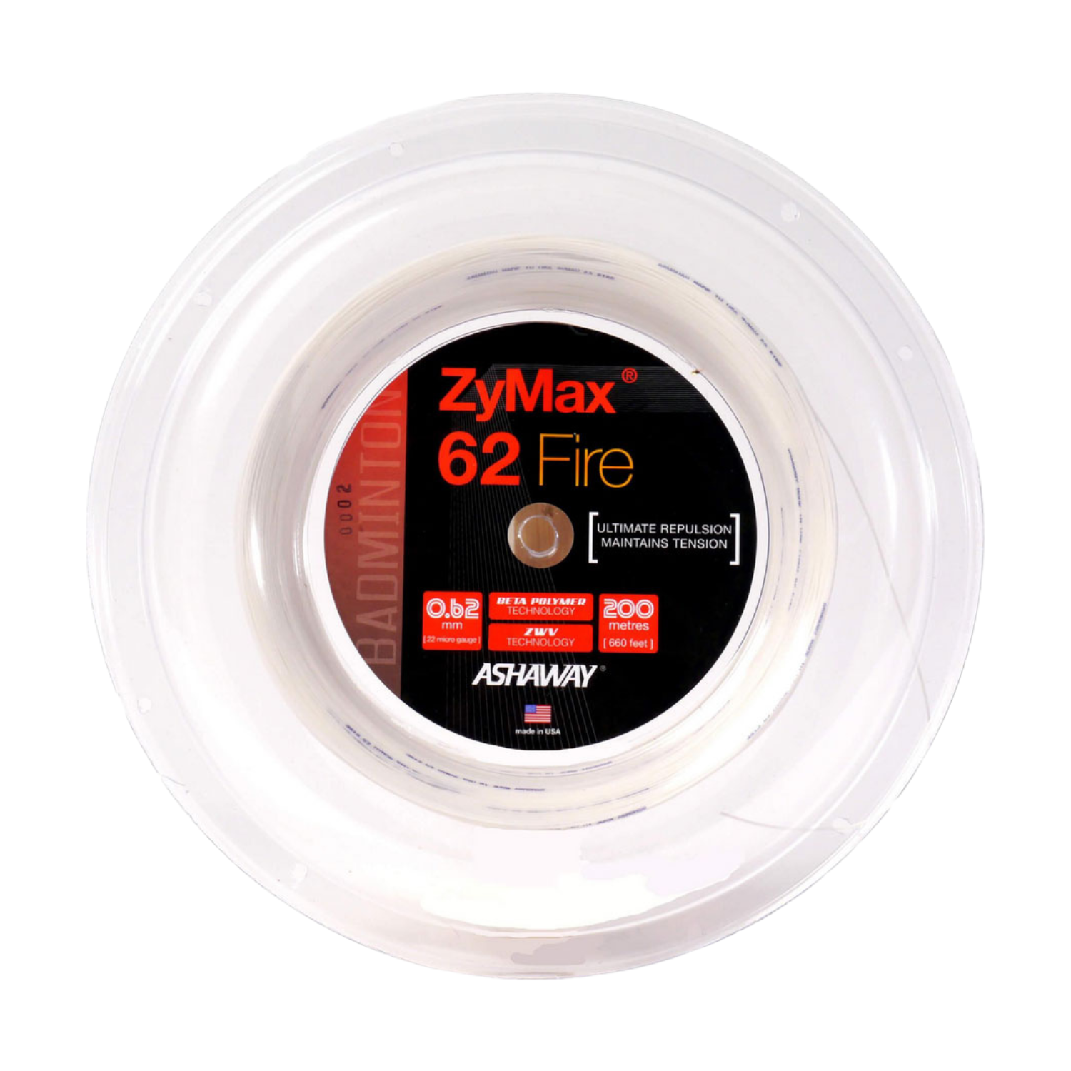 Ashaway ZyMax 62 Fire Badminton String Reel - White White 200m Reel String (Reel) Ashaway