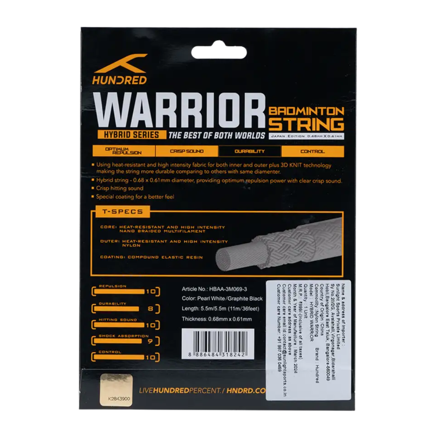 Hundred Hybrid Warrior (HBAA-3M069-3) Badminton String String (Packs) Hundred