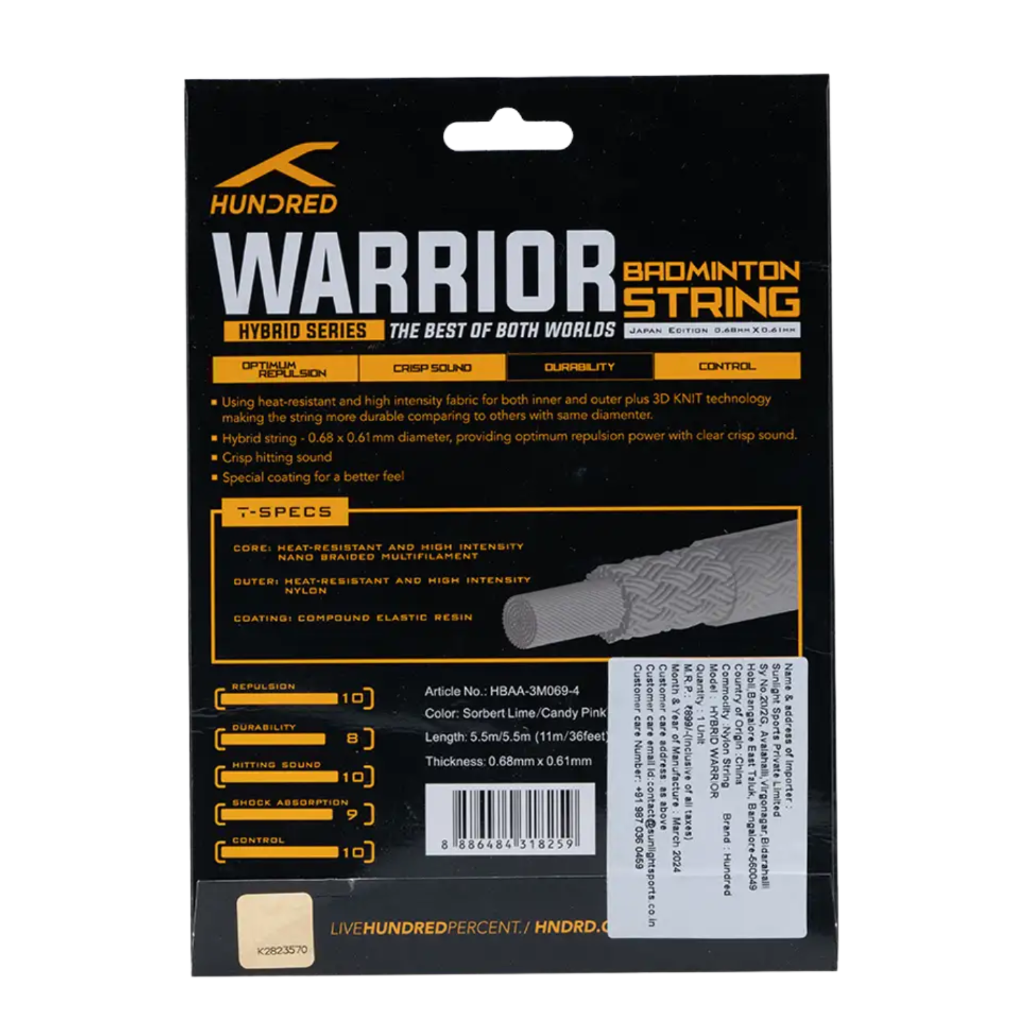 Hundred Hybrid Warrior (HBAA-3M069-4) Badminton String String (Packs) Hundred