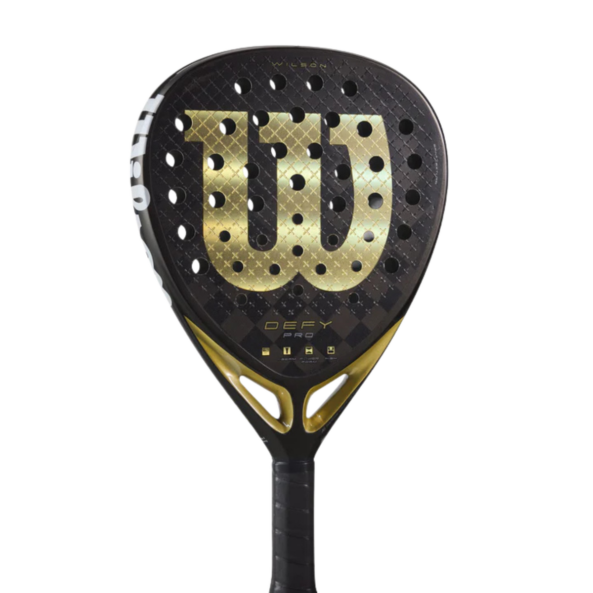 Wilson Defy Pro V1 Padel Racket, Black/Gold, close-up detail