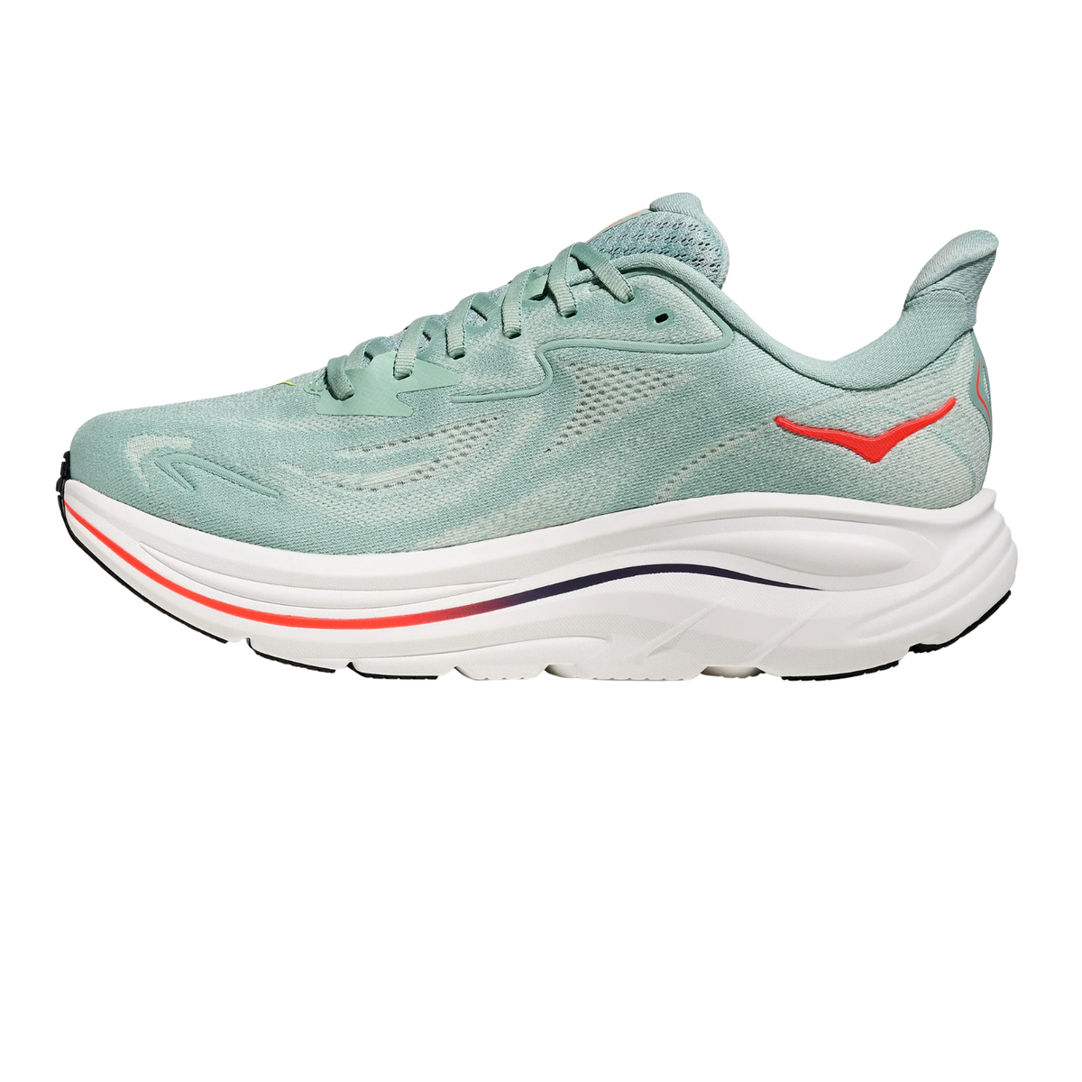 Hoka Clifton 10 Running Shoe Men, Sage/Neon Flame, back view