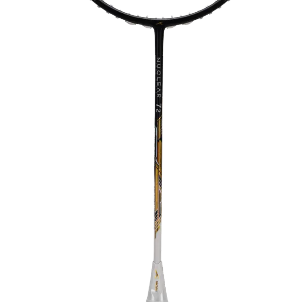 Hundred Nuclear 72 Badminton Racket, Black/White/Gold, close-up detail