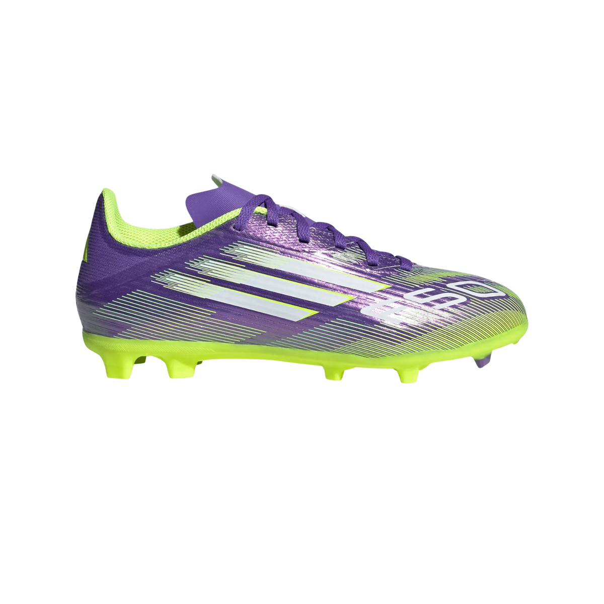 Adidas F50 League FG/MG Shoes Junior, Purple/White/Lemon, back view