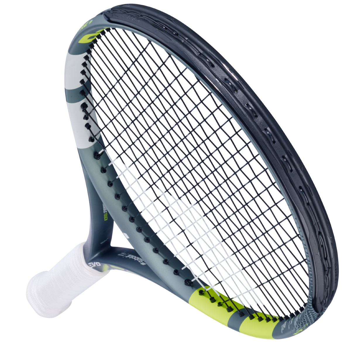 Babolat Evo Aero Lite 2026 Tennis Racket Strung, Grey/Yellow, close-up detail