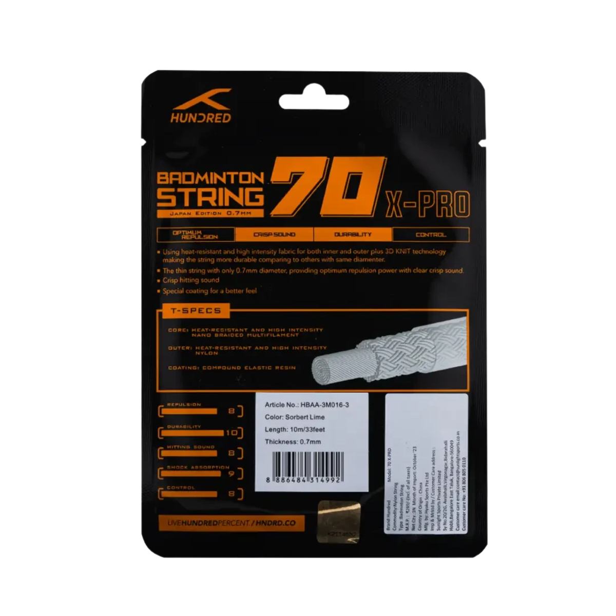 Hundred 70 X Pro Badminton String, Limeade, back view