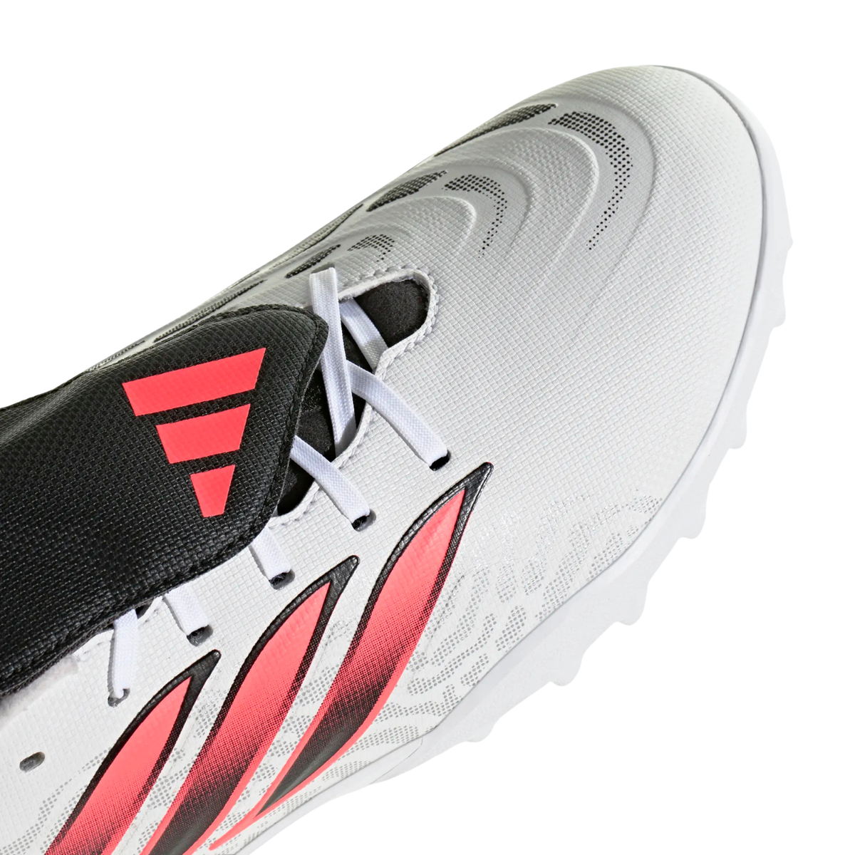 Adidas Predator Club Fold-Over Tongue turf boots, White/Red/Black, close-up detail