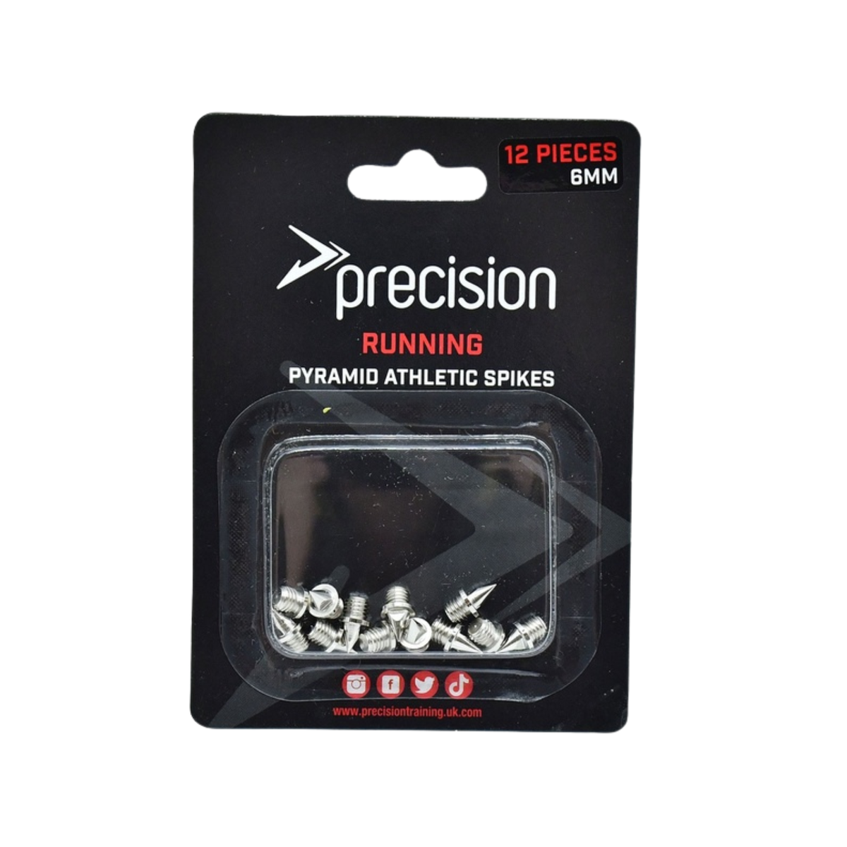 Precision 12mm pyramid track spikes, front view