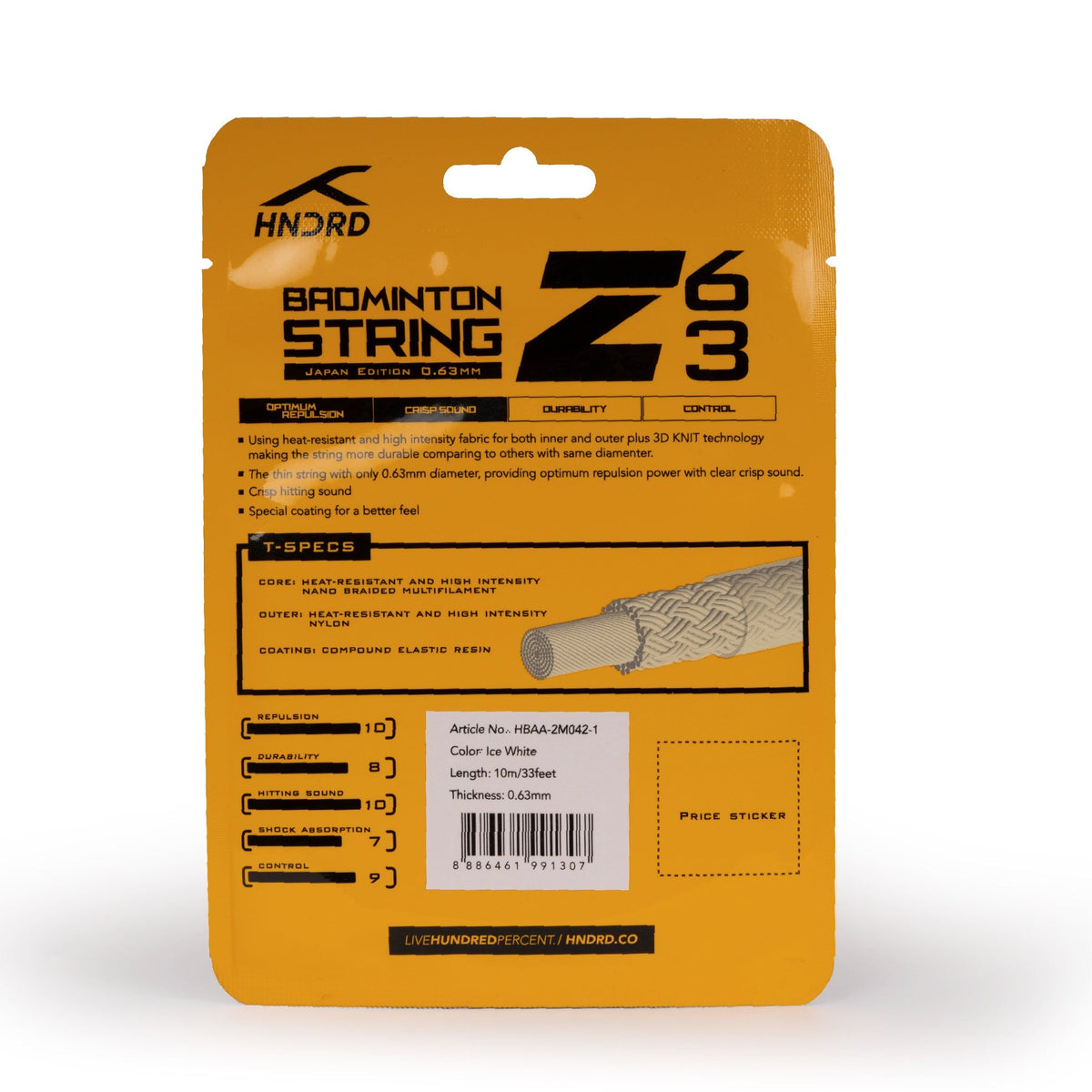 Hundred 63 Z Badminton String, Ice White, back view