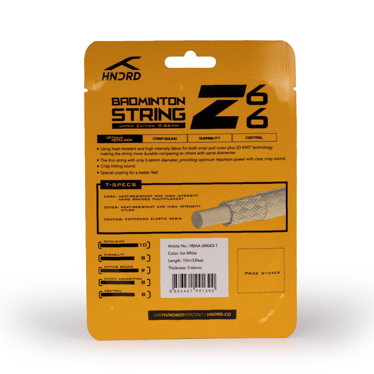 Hundred 66 Z Badminton String, Ice White, back view