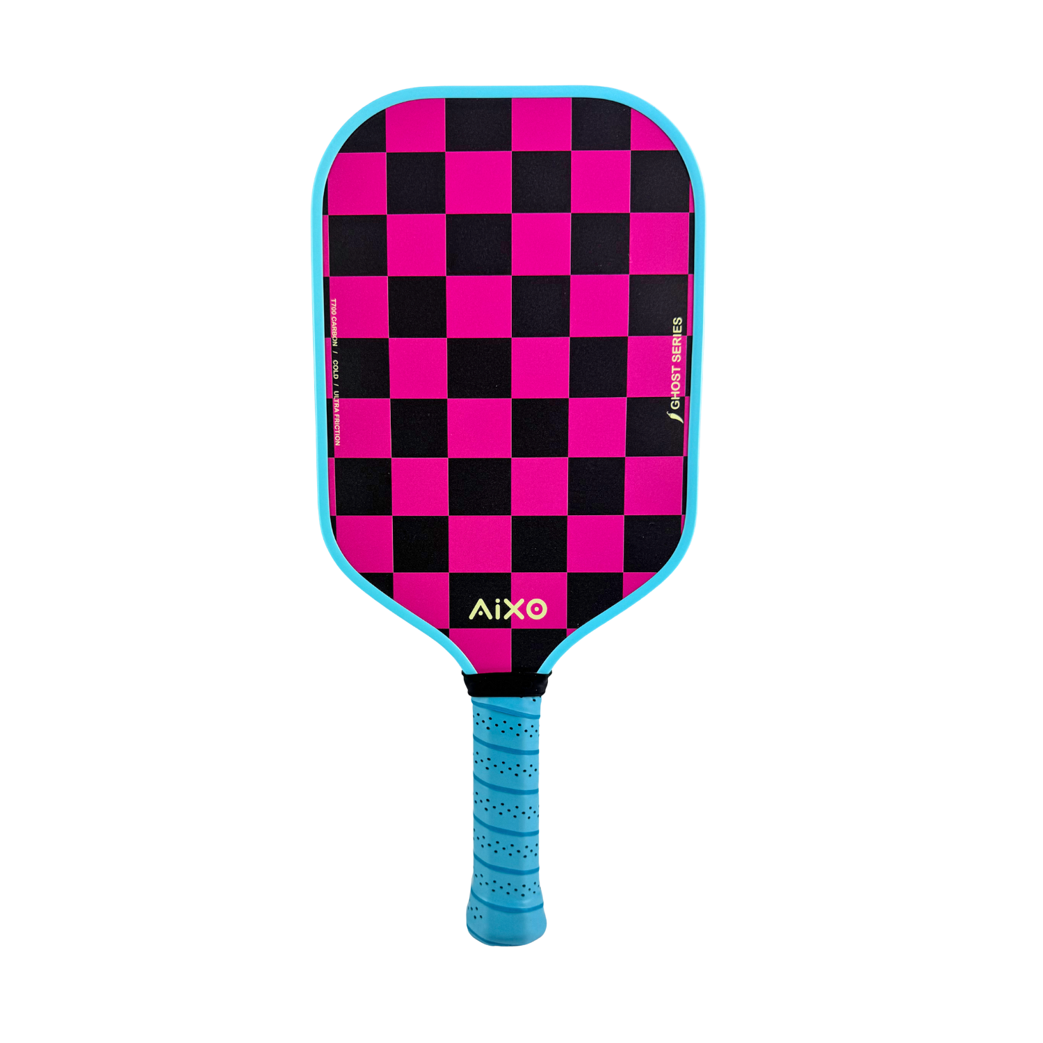 Close-up checkered design showing carbon fiber face and build quality of the AIXO Ghost Dogtown pickleball paddle.