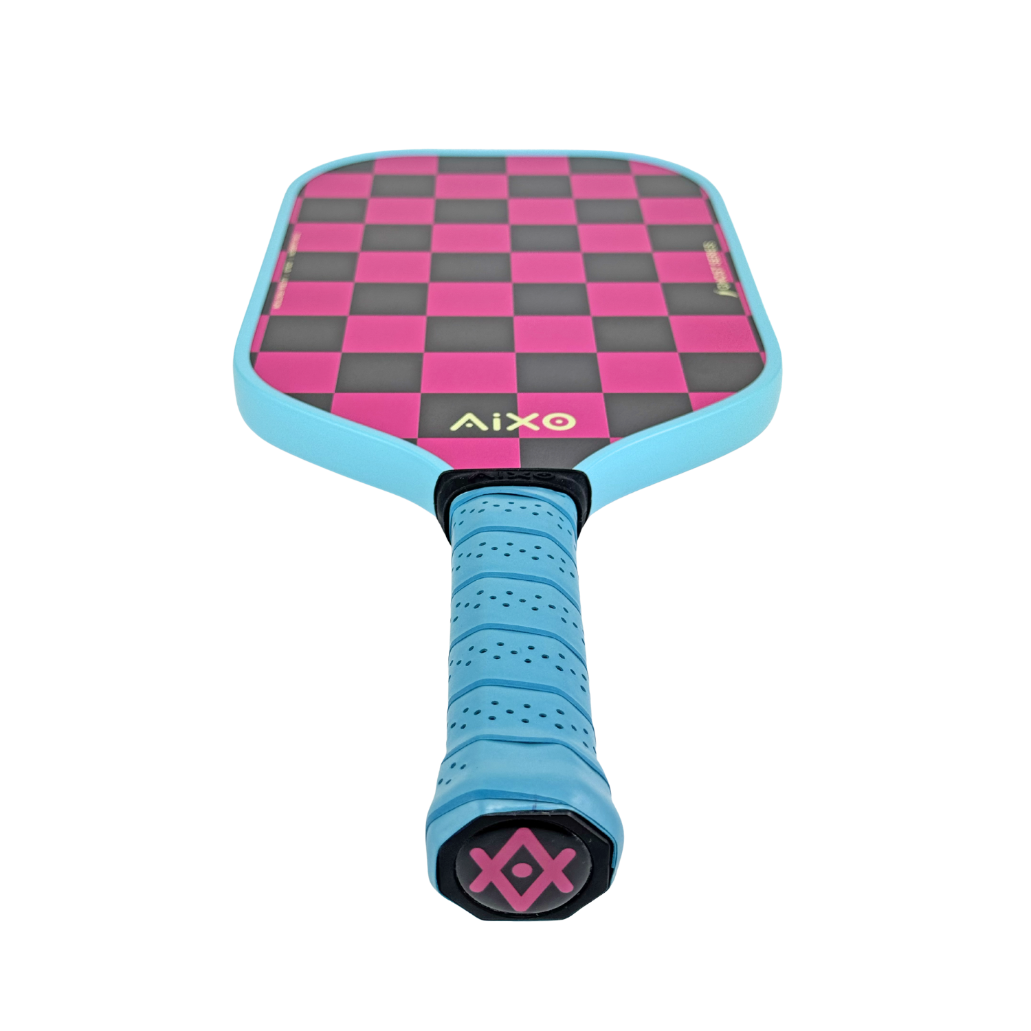 Flat-lay pink blue AIXO Ghost Dogtown — a stylish carbon fiber pickleball paddle for players with flair.