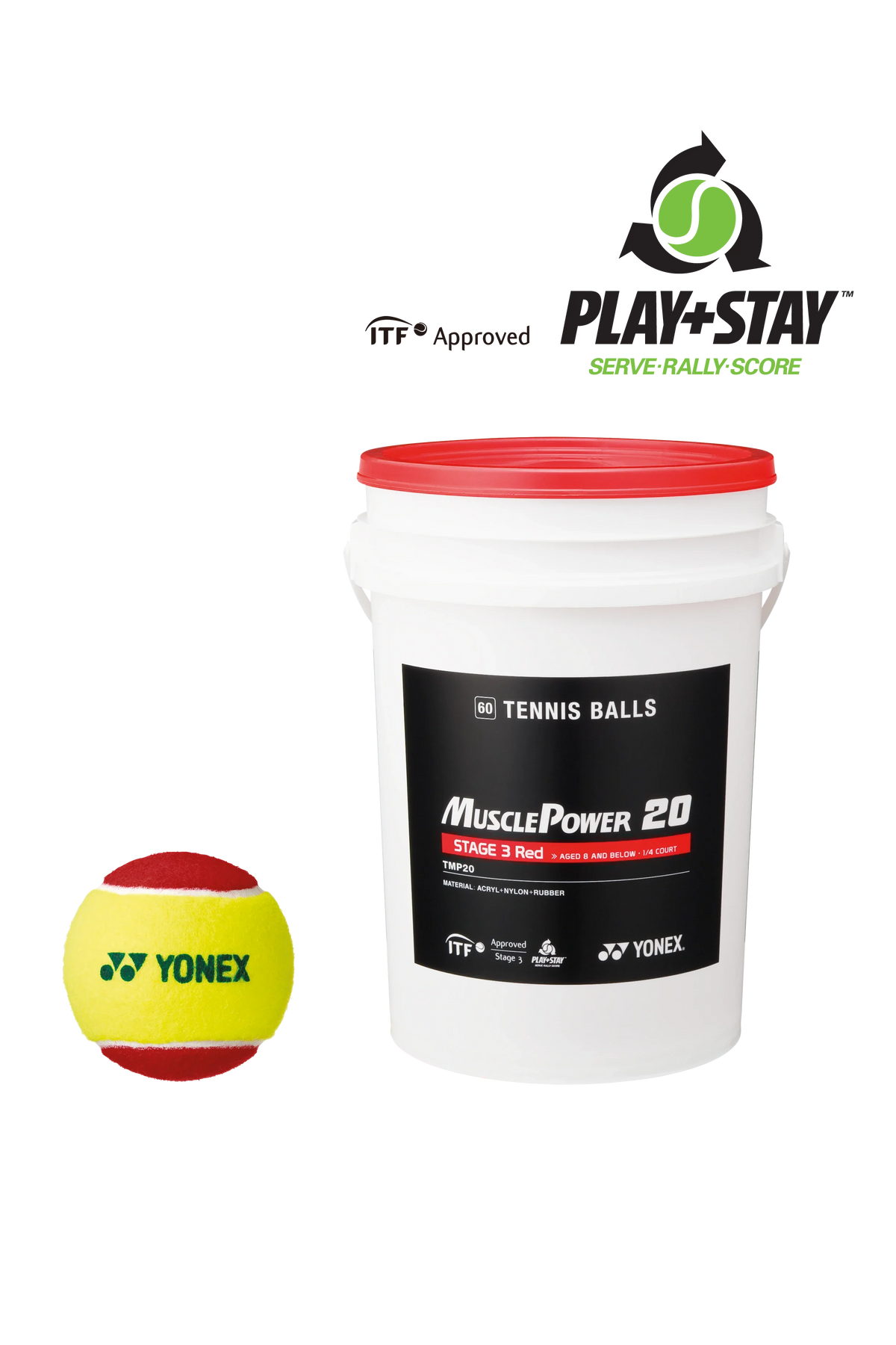 Yonex Junior Stage 3 Red Tennis Ball 60 Tub, front view