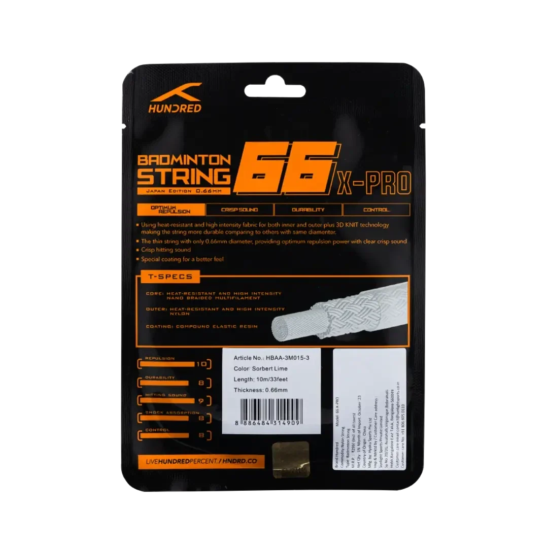 Hundred 66 X Pro Badminton String Set, Yellow, back view