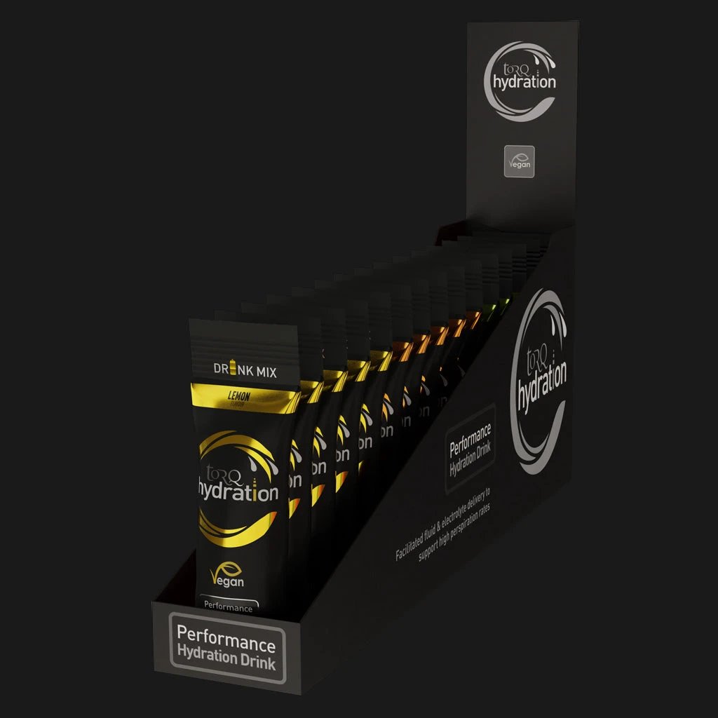 TORQ Hydration Drink, Lemon sachet in an open display box, packaging view