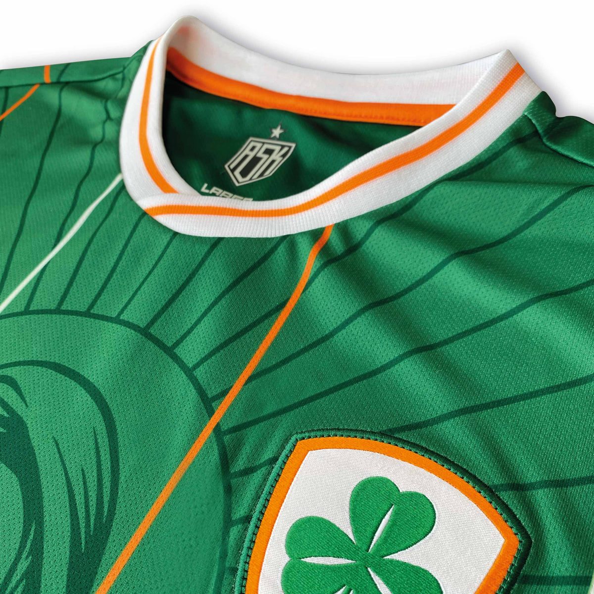 Asphalt Social Klub Ireland Mary home concept football shirt, green, collar detail view