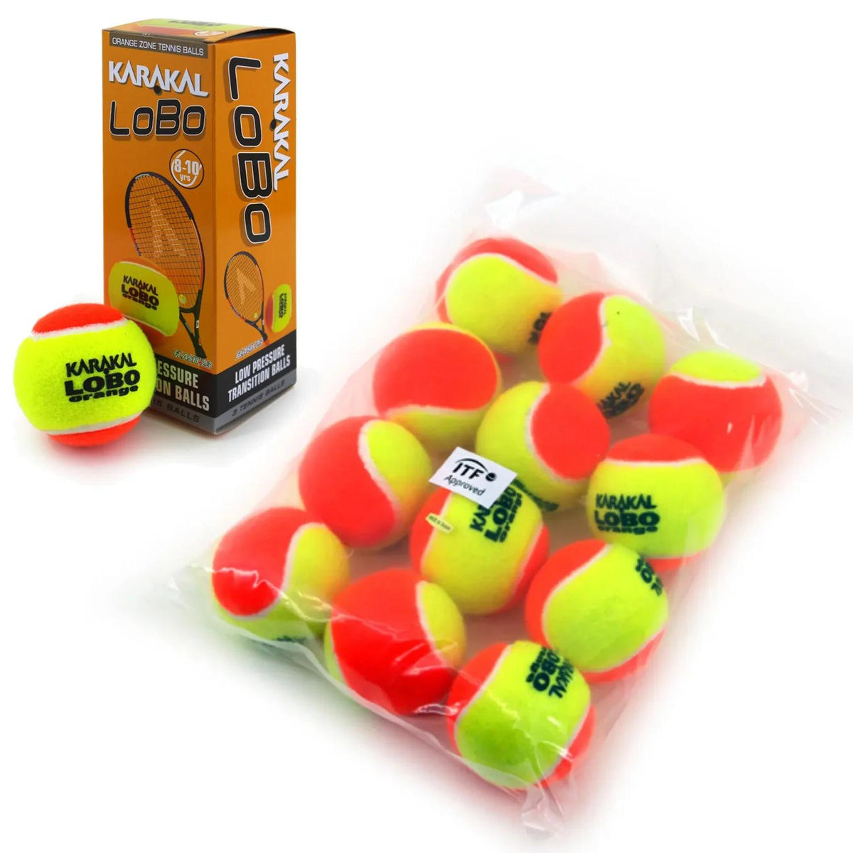 Karakal LoBo orange transition tennis balls, pack of 12, side view