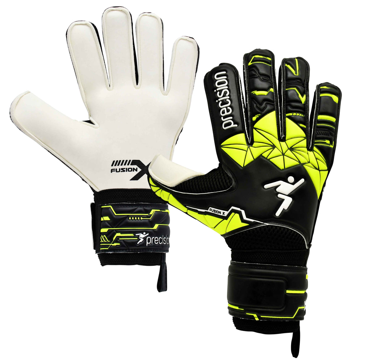 Precision Fusion X Junior Flat Cut Finger Protect Goalkeeper Gloves - Black/Fluo Yellow (PRG157) Goalkeeper Gloves Precision