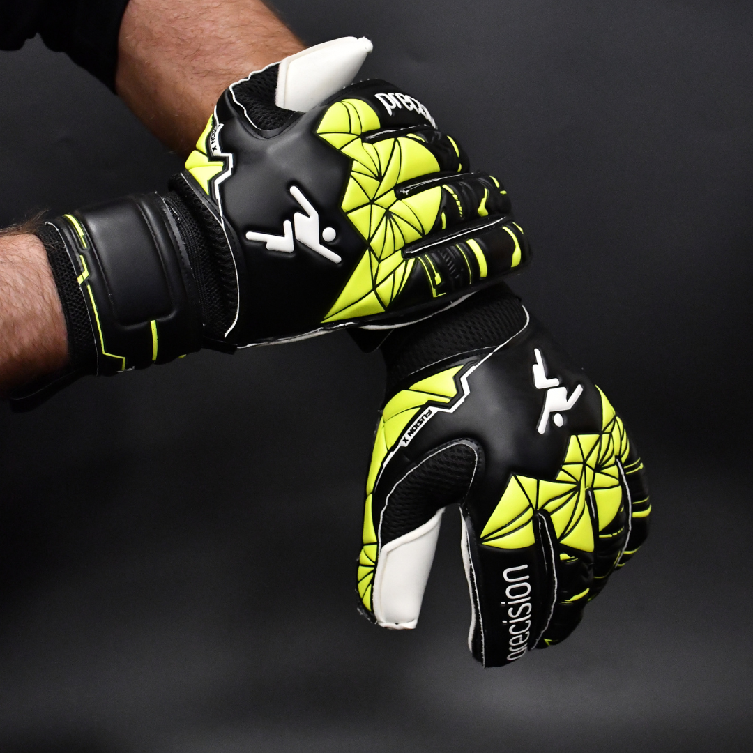 Precision Fusion X Junior Flat Cut Finger Protect Goalkeeper Gloves - Black/Fluo Yellow (PRG157) Goalkeeper Gloves Precision