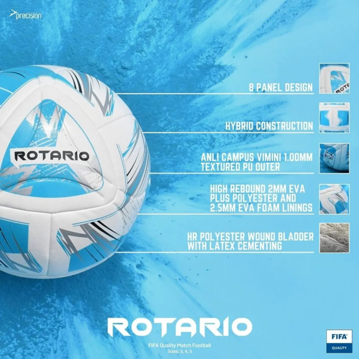 Precision Rotario FIFA Quality Match Football - White/Cyan, Size 3, 4 & 5 (PRF158) Football Precision
