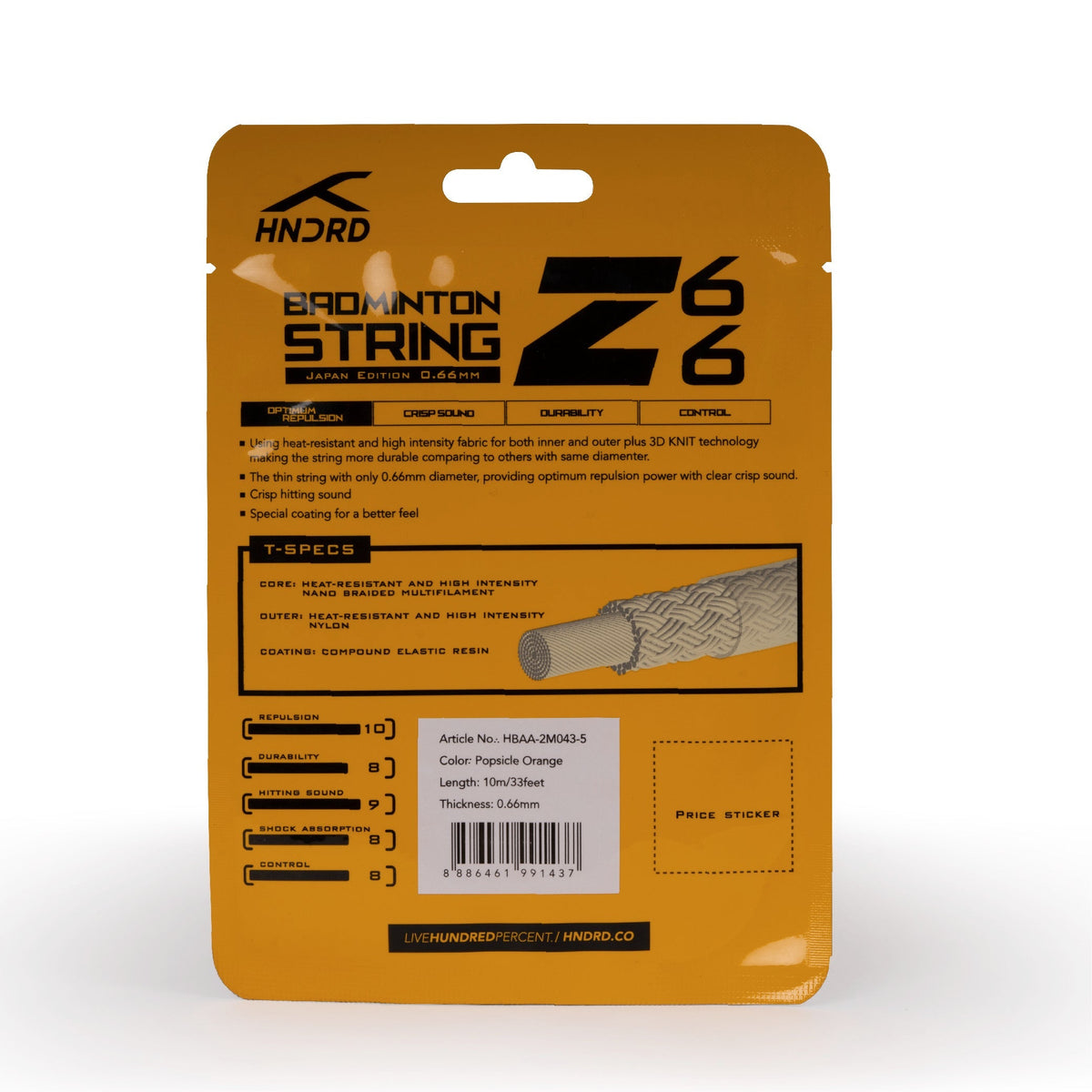 Hundred 66 Z Badminton String, Popsicle Orange, back view