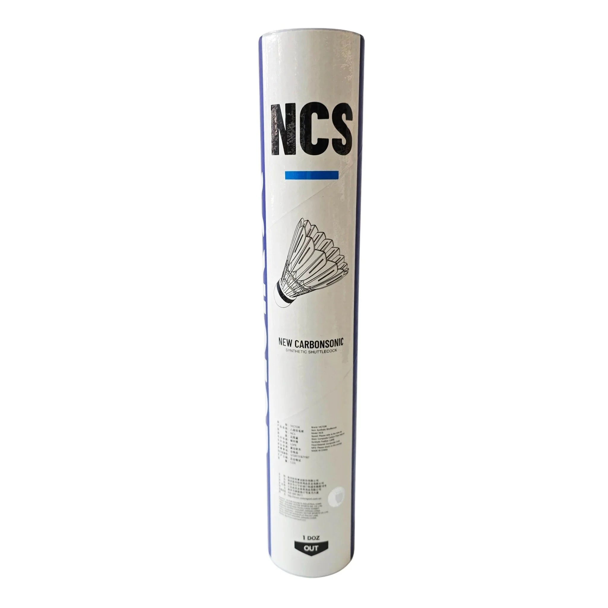 Tube of NCS New Carbon Sonic badminton shuttlecocks on a white background